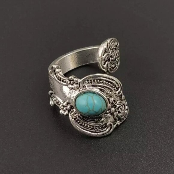 Boho Rose and Flowers with Faux Turquoise Adjustable Spoon Ring #1221 - Picture 15 of 16